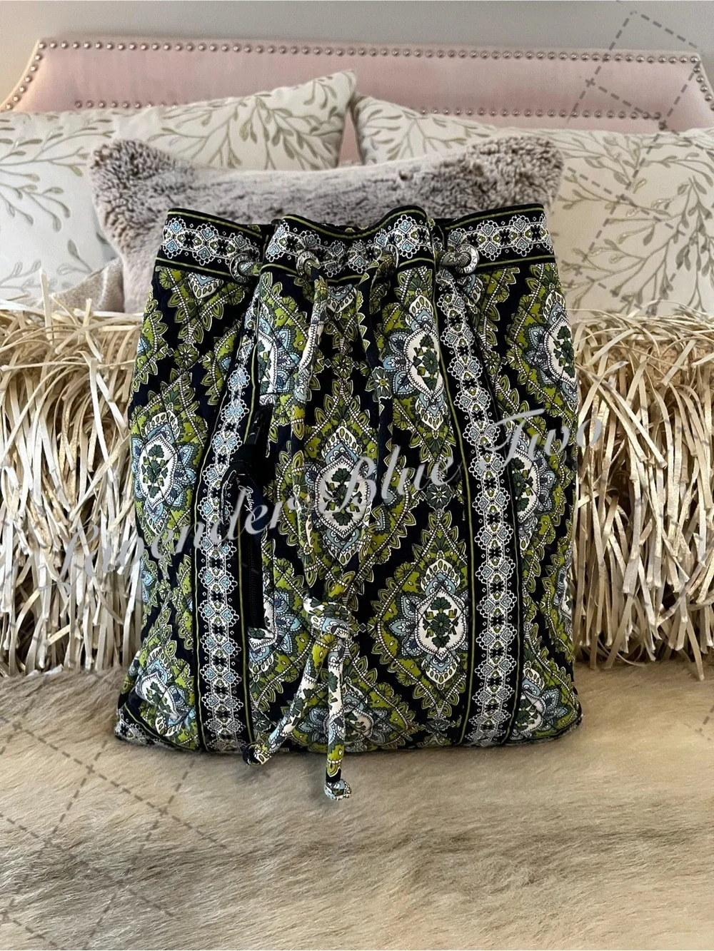 Vintage VERA BRADLEY Cambridge 2007 Drawstring Zipper Front Backpack Y2K Green